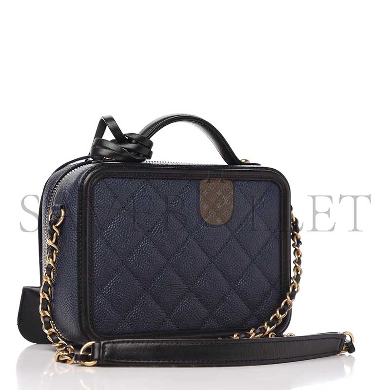 CHANEL CAVIAR QUILTED SMALL CC FILIGREE VANITY CASE NAVY BLACK (16*12*7cm) 